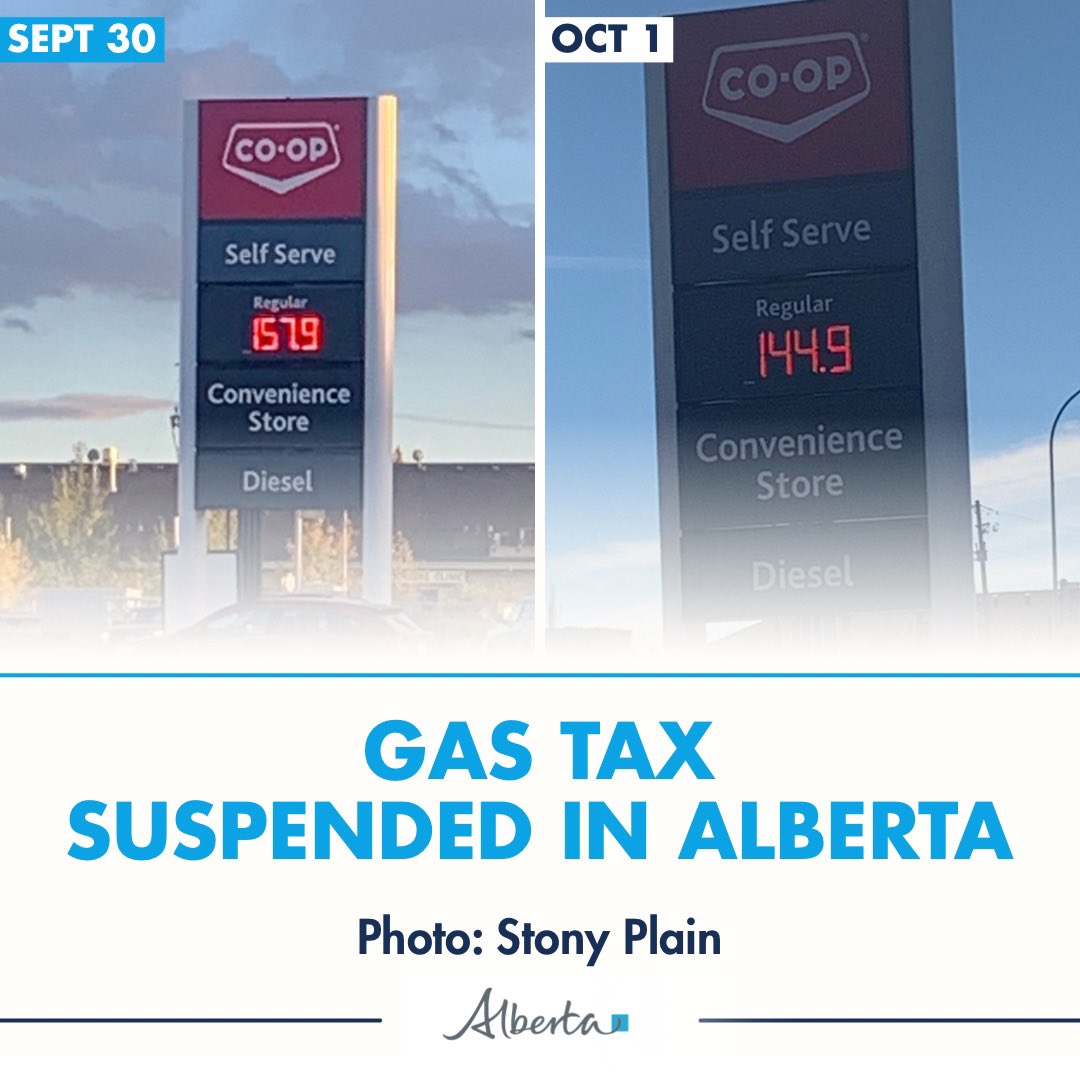 ABDanielleSmith's tweet photo. To make life more affordable, the fuel tax has been suspended across Alberta— saving you 13 cents per Litre when filing up. 

Good retailers, like this Co-Op in Stony Plain, have passed these savings directly to consumers. Well done!

If you are aware of a retailer not passing savings onto consumers, you can submit a complaint on our Consumer Protection portal here: https://t.co/nS8qHQCj4n