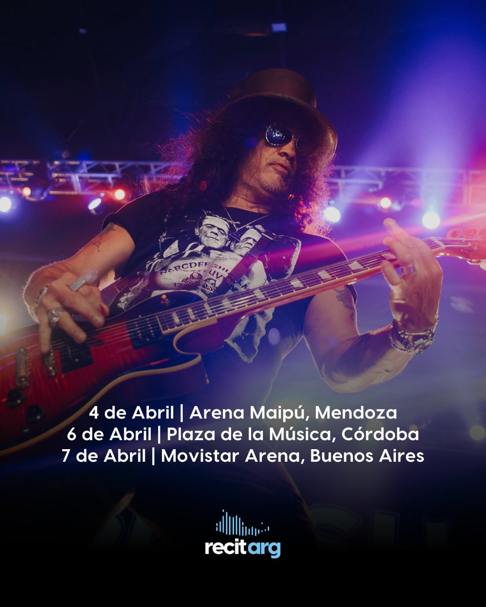 RecitArg's tweet photo. Slash regresa a Argentina!

Slash ft. Myles Kennedy and the Conspirators confirmaron una nueva gira internacional.  Flying Blind World Tour 2027 pasará por Argentina en abril, con 3 shows confirmados en Mendoza, Córdoba y Buenos Aires.

📅 4 de Abril
🏟️ Arena Maipú, Mendoza
🎟️ Entradas a la venta desde el 9/10 en https://t.co/ZYk1mCgwmc

📅 6 de Abril
🏟️ Plaza de la Música, Córdoba
🎟️  Entradas a la venta el viernes 9/10 en https://t.co/GeWbW5pMHH

📅7 de Abril 
🏟️  Movistar Arena, Buenos Aires
🎟️ Las entradas se venderan pronto en https://t.co/T9MgGTCZjk