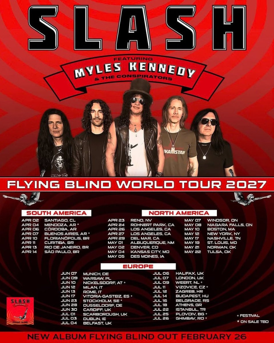RecitArg's tweet photo. Slash regresa a Argentina!

Slash ft. Myles Kennedy and the Conspirators confirmaron una nueva gira internacional.  Flying Blind World Tour 2027 pasará por Argentina en abril, con 3 shows confirmados en Mendoza, Córdoba y Buenos Aires.

📅 4 de Abril
🏟️ Arena Maipú, Mendoza
🎟️ Entradas a la venta desde el 9/10 en https://t.co/ZYk1mCgwmc

📅 6 de Abril
🏟️ Plaza de la Música, Córdoba
🎟️  Entradas a la venta el viernes 9/10 en https://t.co/GeWbW5pMHH

📅7 de Abril 
🏟️  Movistar Arena, Buenos Aires
🎟️ Las entradas se venderan pronto en https://t.co/T9MgGTCZjk