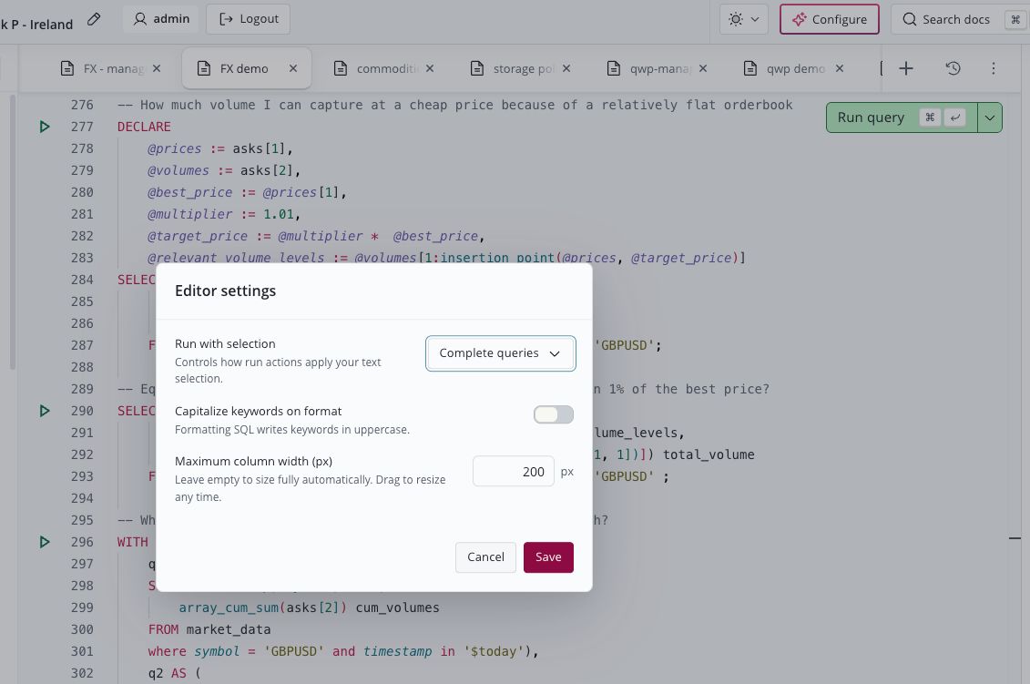 QuestDb's tweet photo. The #QuestDB Web Console has editor settings now. What a text selection means when you hit run, whether formatting uppercases your keywords, and how wide result columns get before they stop growing.

Anything else you want to be able to set in there? https://t.co/gcaDA8ziaA