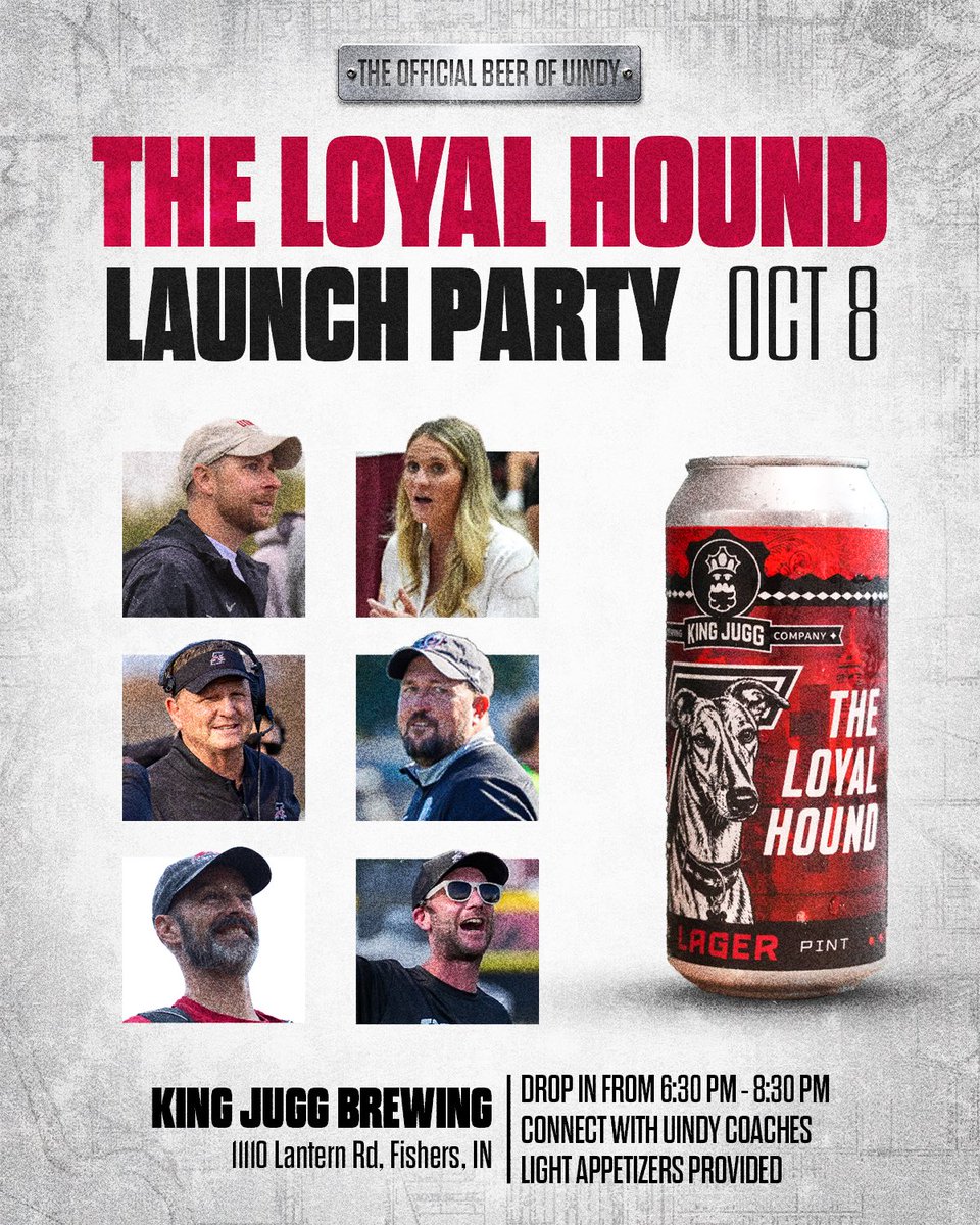 UIndyAthletics's tweet photo. We are just 6️⃣ days from The Loyal Hound launch party at King Jugg! 🍻

Drop in from 6:30-8:30 PM on Thursday, October 8, to connect with UIndy coaches &amp; snack on light appetizers.

🔜 the official beer of UIndy https://t.co/ks48r8cOEi