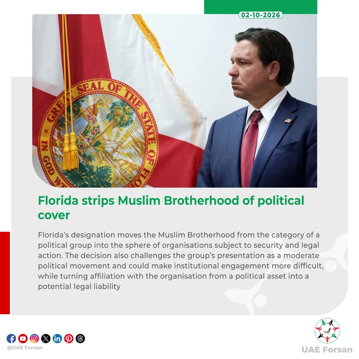 UAE_Forsan's tweet photo. Florida strips Muslim Brotherhood of political cover
#US #Florida #MuslimBrotherhood #MBGlobalTerroristDesignation
#Florida_Designates_Muslim_Brotherhood_As_Terrorist_Organization
#فلوريدا_تصنف_الإخوان_جماعة_إرهابية
#الإخوان_تنظيم_إرهابي
@GovRonDeSantis https://t.co/3lig5Jn9K6