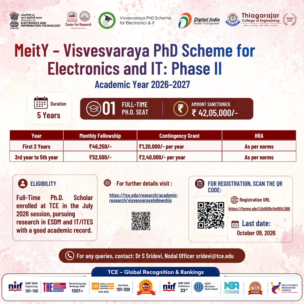 tceofficialpage's tweet photo. 🎓 MeitY–Visvesvaraya PhD Scheme | 2026–27
1 Full-Time Ph.D. | 5 Years | ₹46,250–₹52,500/month
🔬 ESDM & IT/ITES | Deadline: 9 Oct
#TCE #PhD #Research https://t.co/xVigpqTmyY