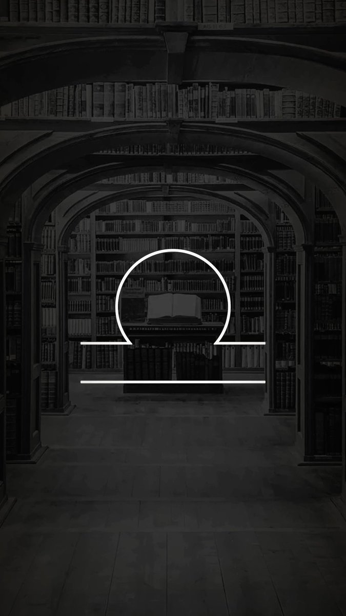 A grayscale photograph of a grand library interior with arched ceilings and towering bookshelves, overlaid with a minimalist white circular logo design.