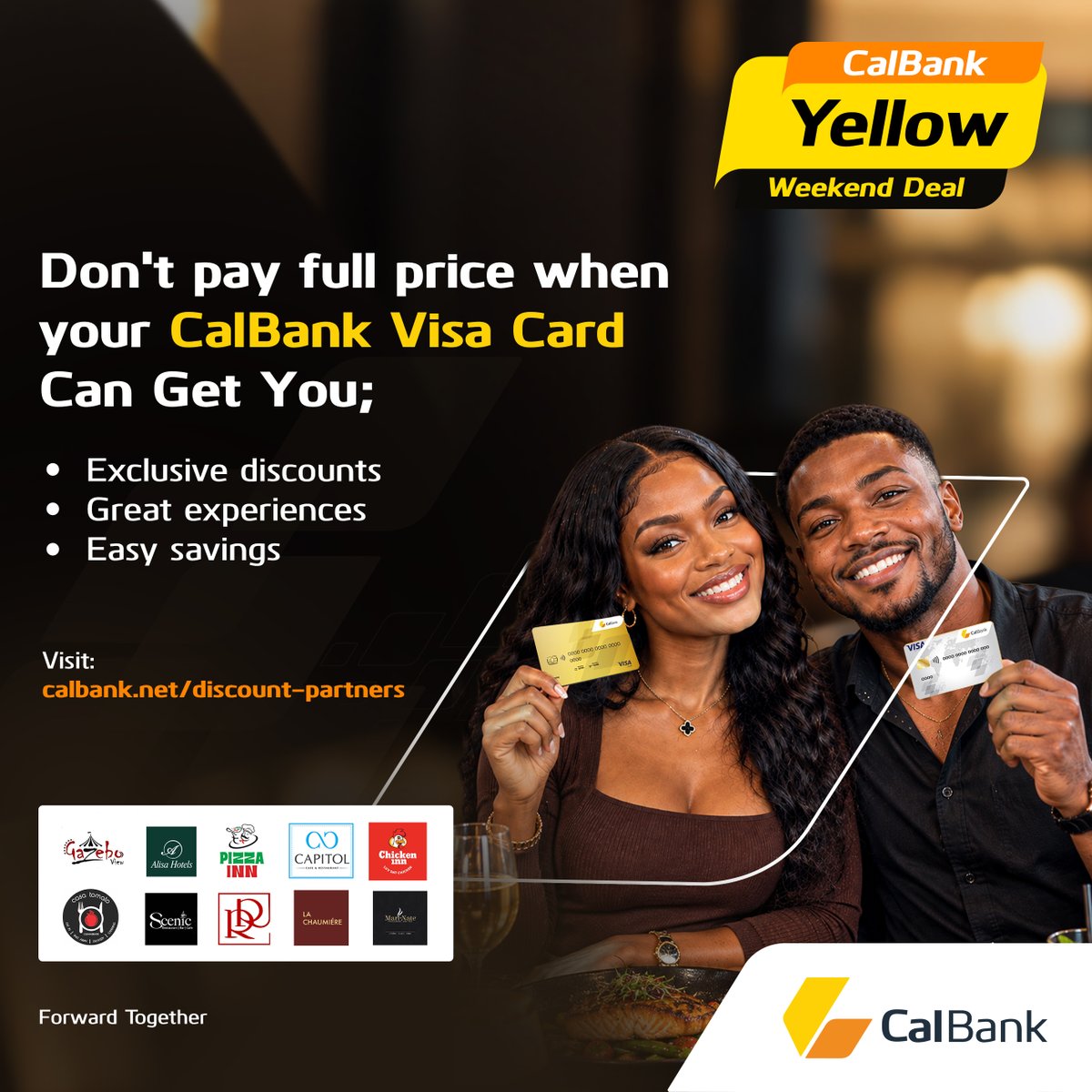 CalBankPLC's tweet photo. Enjoy your weekend with CalBank Cards! Get 10% OFF at Chicken Inn and 10% OFF at Royal Regal Chinese Restaurant. Pay with your CalBank Card &amp; save.

#LifeSimplified #CalBank #ForwardTogether https://t.co/x5IBayuf80