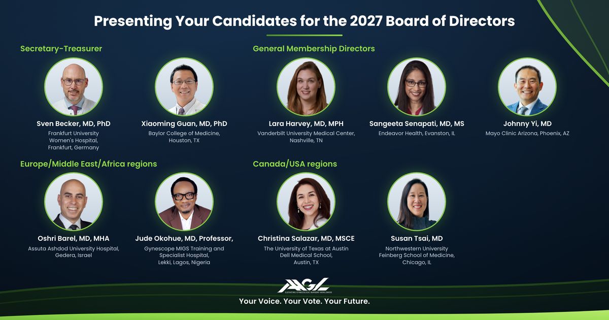 AAGL's tweet photo. Your Voice. Your Vote. Your AAGL. The slate of candidates for the 2027 AAGL Board of Directors is now available, and voting is open from September 28 through October 28, 2026. Shape AAGL’s future leadership. Meet your nominees here https://t.co/aIc4XPeGOL #AAGL https://t.co/8ZKIjROv59