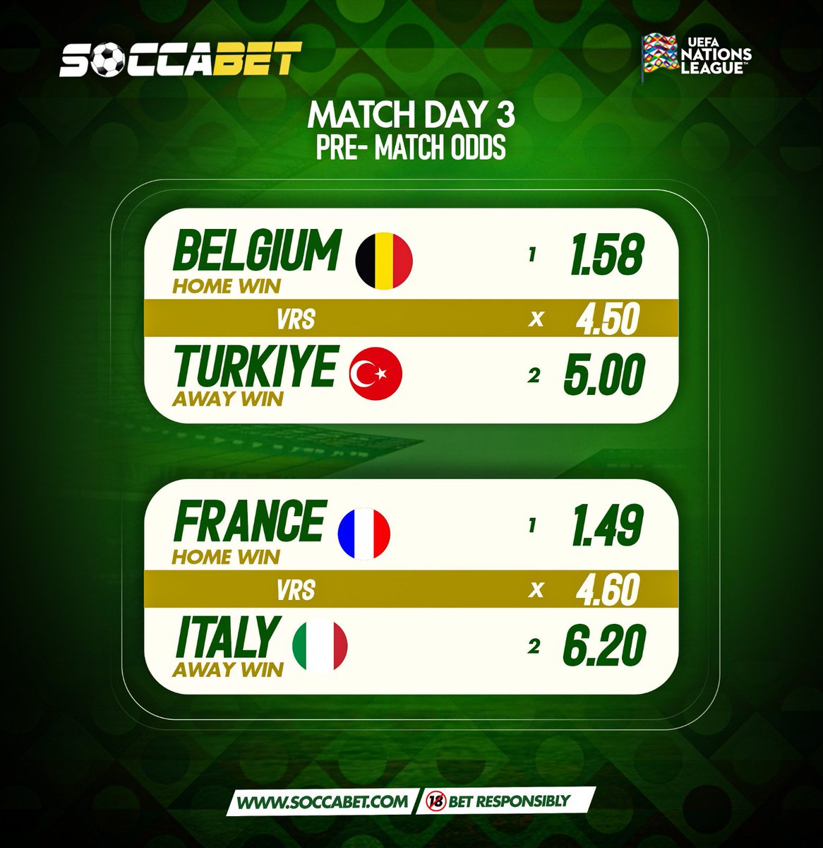soccabet's tweet photo. 🇧🇪 Belgium vs Turkey🇹🇷 and 🇫🇷 France vs Italy 🇮🇹
Two huge Nations League clashes, two heavyweight battles! Who takes the points tonight? ⚽ Make your choice and bet now on Soccabet. #betresponsibly🔞 #BetwithSoccabet https://t.co/3gvMIRnJGz