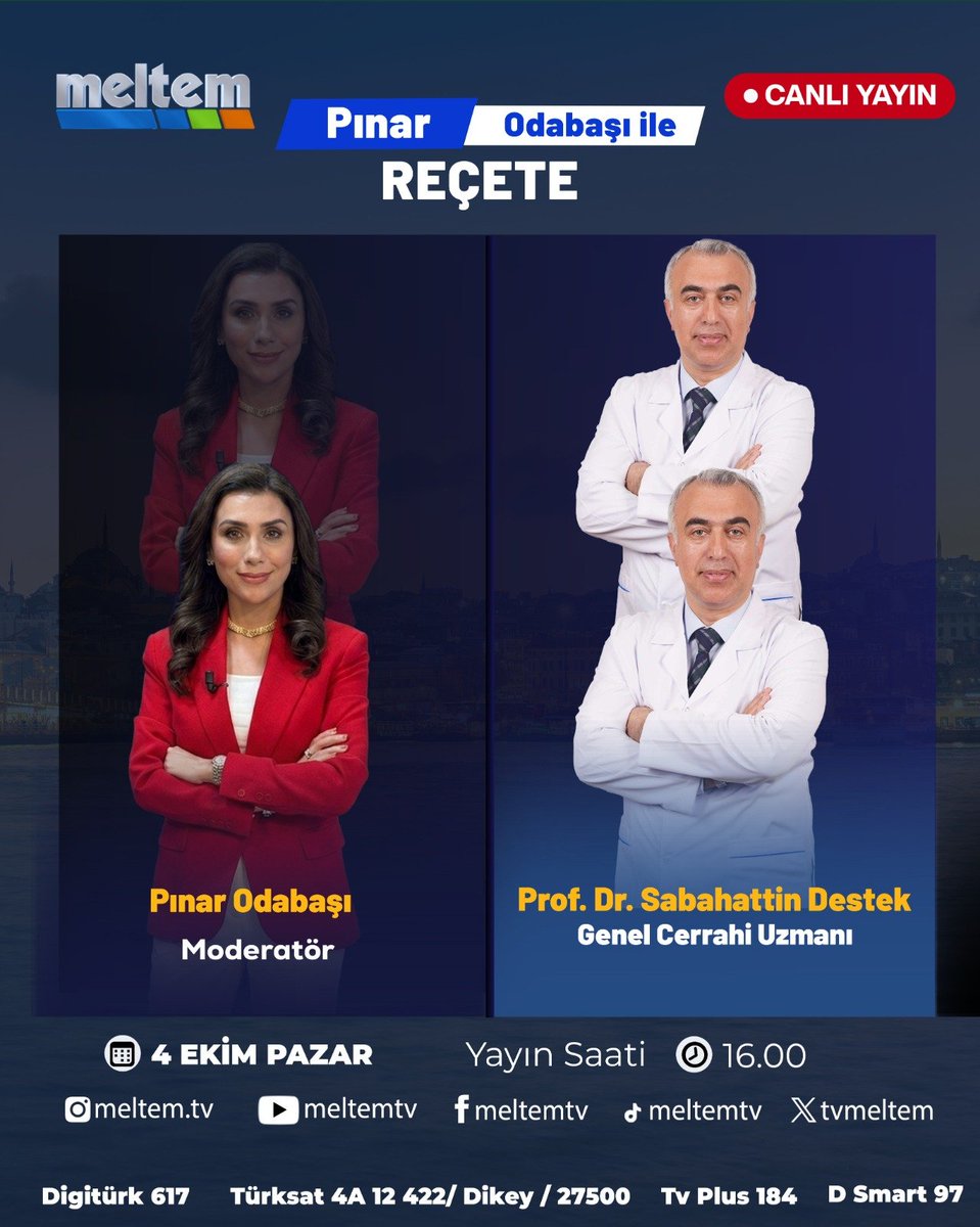 DrSDestek's tweet photo. MELTEM TV'de REÇETE'deyiz.

4 Ekim Pazar günü saat 16.00’da Meltem TV'de, Pınar Odabaşı ile ‘’REÇETE’’ programında olacağız.

Konumuz: Karaciğer kanseri, meme kanseri ve kasık fıtığı olacak.

Siz kıymetli halkımızı ve sevenlerimizi izlemeye davet ediyoruz. https://t.co/x7G8GyAHVS