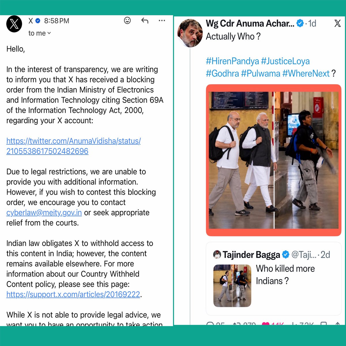 AnumaVidisha's tweet photo. I targeted my post at the graphic posted by @TajinderBagga. 

So, @AshwiniVaishnaw, if you have actually issued a blocking order against my post, then first tell us: Did you issue a blocking order for the person who started this in the first place?

If you did, then post that blocking order right here on X.

As someone who comes from the Indian Administrative Service, you should have the wisdom to understand that if something is wrong, it is wrong for everyone, not just for the Opposition.
@MIB_India

#BlockingOrdersForAllNotJustOpposition