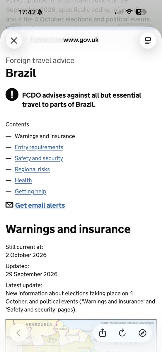 VickyR1chter's tweet photo. 🇧🇷 BRAZIL ELECTION WATCH 🇬🇧

And now Britain is paying attention too.

The UK government updated its official travel advice for Brazil on 29 September, specifically ahead of Sunday’s election:

“Protests and demonstrations can happen across Brazil without warning and the situation can change quickly.”

This comes as Brazil enters the final days before the 4 October presidential election, amid heightened security concerns and political tension. 

First round: 4 October
Possible second round: 25 October

The world is watching Brazil this weekend. 🇧🇷👀