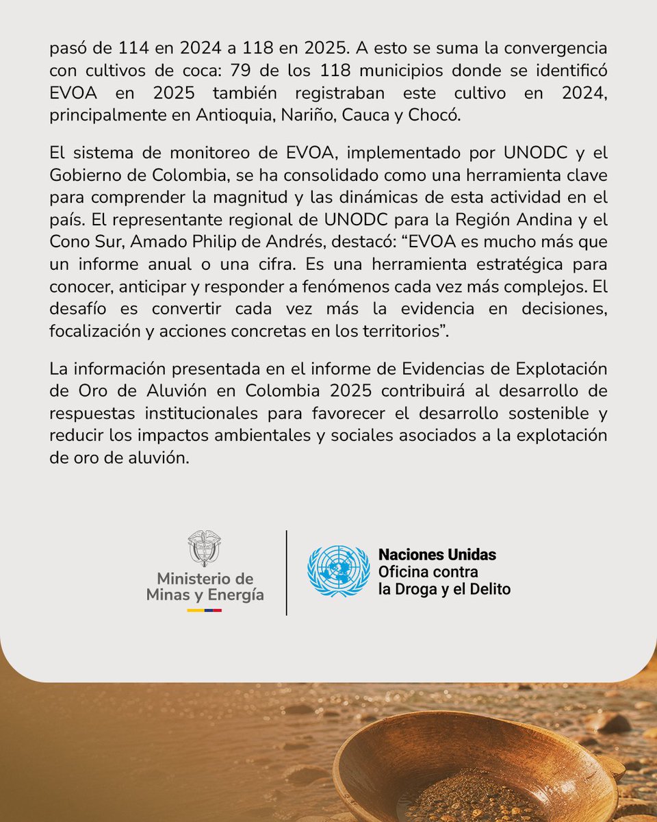 MinEnergiaCo's tweet photo. Nuevos datos revelan la dimensión de la explotación de oro de aluvión en Colombia. 

En 2025 se identificaron 118.410 hectáreas con esta actividad, un 4,5 % más que en 2024.

El informe, elaborado junto con UNODC, aporta evidencia para orientar acciones que protejan el ambiente y las comunidades y fortalezcan la presencia del Estado en los territorios.

Durante la socialización del informe, la ministra @mn_arboleda destacó tres frentes importantes a atender:

⛏️ Formalizar, con rutas viables y acompañamiento para quienes tienen vocación de legalidad.
⛏️ Perseguir las estructuras criminales y cerrar las rutas financieras y comerciales del oro ilícito, fortaleciendo su trazabilidad.
⛏️ Recuperar los territorios afectados y avanzar en la restauración de los pasivos ambientales.

🔗 Conoce los principales hallazgos y las acciones planteadas en el comunicado completo 👇🏼
https://t.co/DCP6Tnq68N