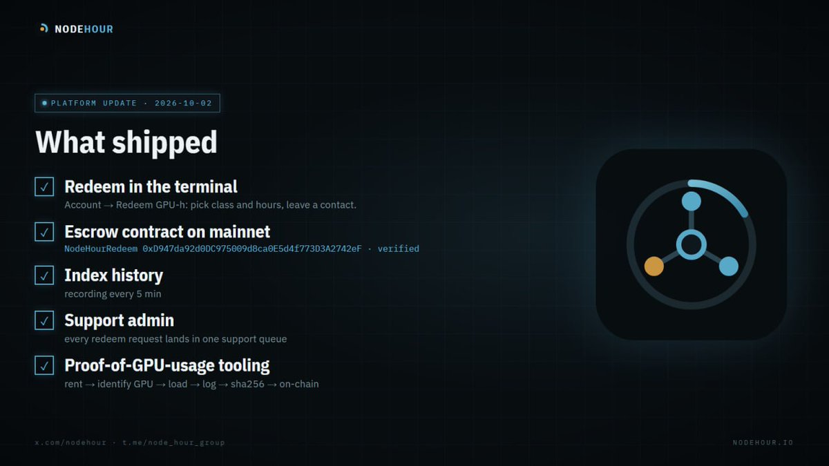 nodehour's tweet photo. Dev update 👨‍🍳

Redeem is now live in the terminal!

Now you can ask Node Hour for real GPU-hours, priced at the live index, and get SSH on a real machine.

Plus everything we shipped this week 👇 https://t.co/cqjZ4DxubU