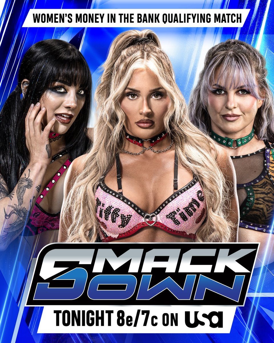 WWE's tweet photo. Who will take the last spot when @TatumPaxley, @tiffstrattonwwe and @CandiceLeRae collide in a Women's #MITB Qualifying Match TONIGHT on #SmackDown?!

📍: Denver, CO
🎟️: https://t.co/guAKt0XZuM
📺: 8 ET/7 CT on @USANetwork https://t.co/fBSUA4CsvY