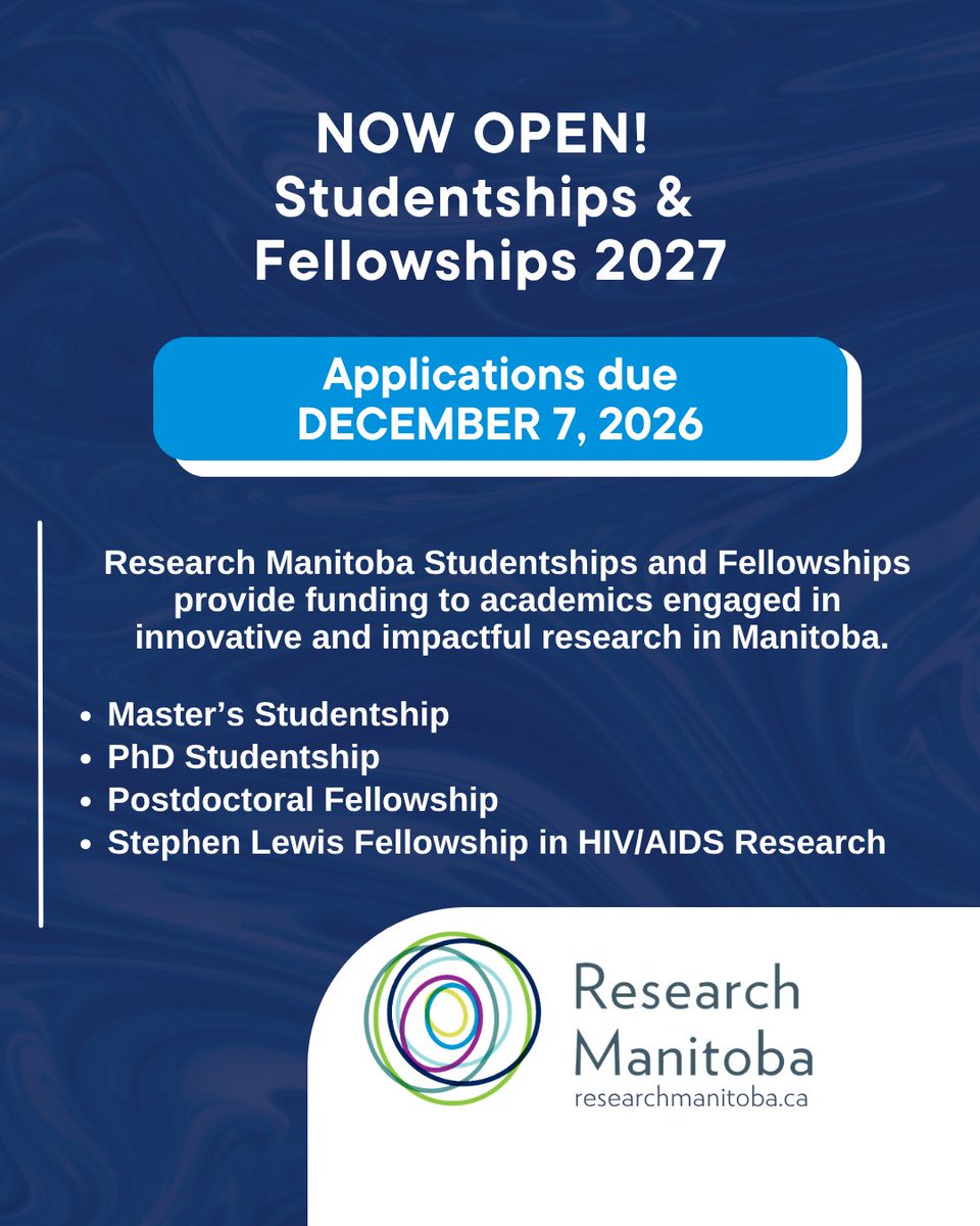 Research_MB's tweet photo. We’re excited to launch our 2027 Studentships and Fellowships competition, supporting the next generation of Manitoba researchers at the master’s, PhD and postdoctoral levels. Deadline to apply is December 7, 2026. 

Learn more:
https://t.co/gfH4Xuappr https://t.co/Z3D40ZbUah