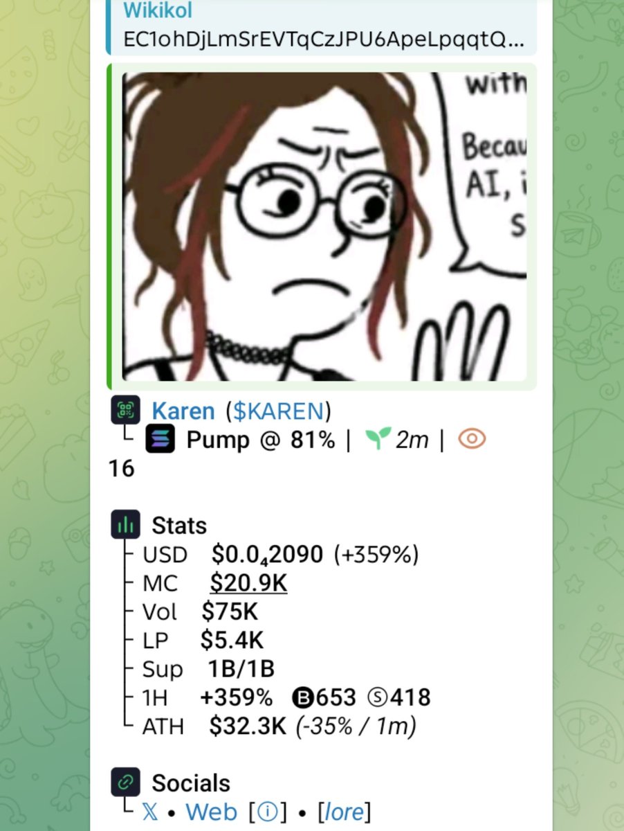 WikiKol1's tweet photo. Watch your entry on $KAREN
CA
EC1ohDjLmSrEVTqCzJPU6ApeLpqqtQtwxUgpLzJz65tw
#SMNO #CRYPTOAI #CRYPTOCLARITYACT #MEMECOIN #AUSTRALIA #ITALY #USA https://t.co/rXMxC7asK8