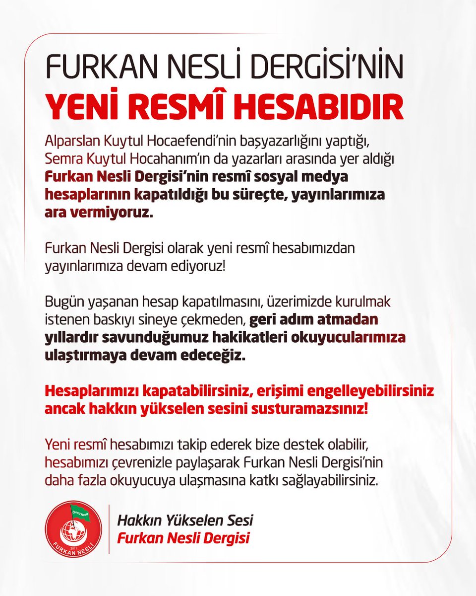 Furkanneslider's tweet photo. Engellemelere Rağmen Buradayız!

Yeni resmî hesabımızı takip ederek bize destek olabilir, hesabımızı çevrenizle paylaşarak Furkan Nesli Dergisi’nin daha fazla okuyucuya ulaşmasına katkı sağlayabilirsiniz.

Hakkın Yükselen Sesi,
Furkan Nesli Dergisi https://t.co/9sihYZ78UX