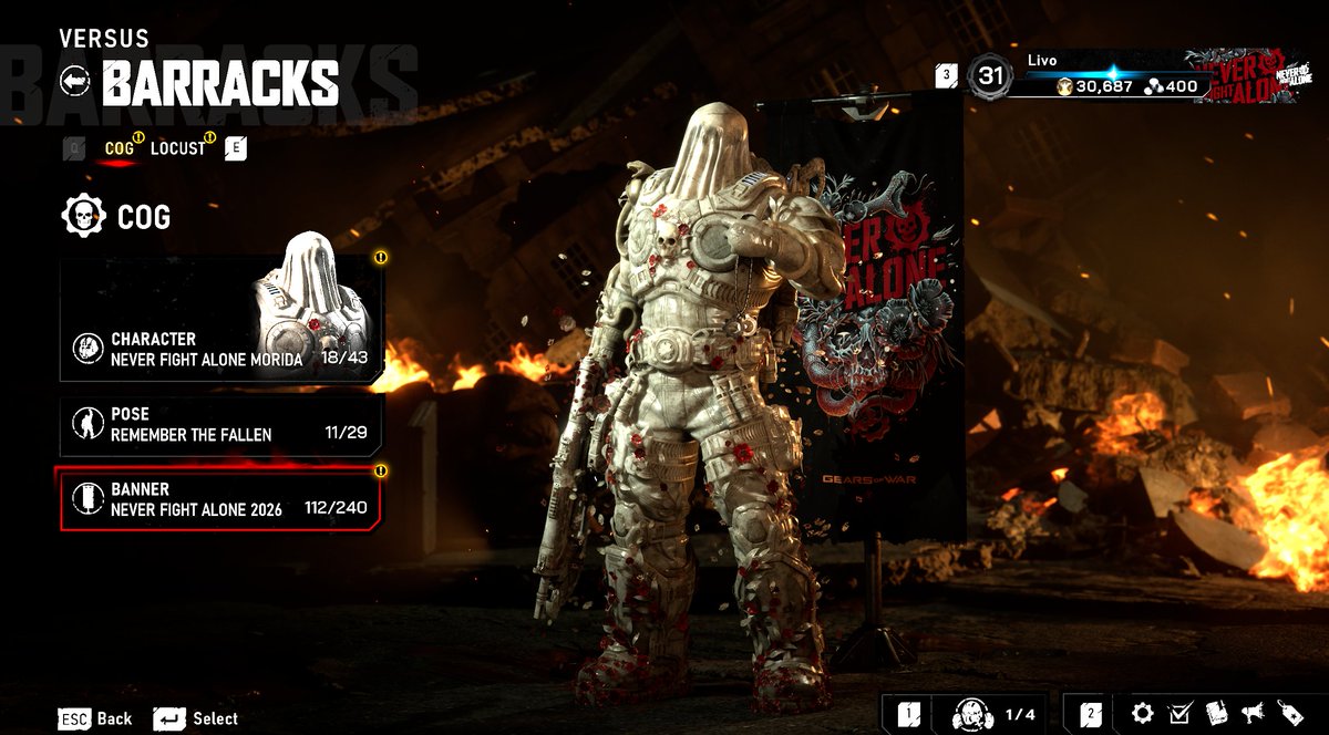 PaulLivo's tweet photo. Not normally someone who buys in-game cosmetics

But I have huge respect for @GearsofWar  @CoalitionGears  for providing the opportunity to support such an important cause

This cause means a lot to me - Never Fight Alone https://t.co/AiHrUGvC2k