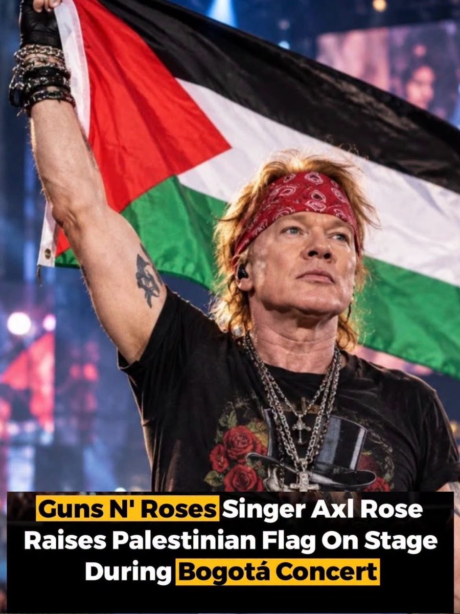 abuadulrahman82's tweet photo. Guns N' Roses singer Axl Rose reportedly raised the P@lest-inian flag on stage during the band's concert in Bogotá, publicly displaying the flag during the performance. https://t.co/YguA9iwMlR
