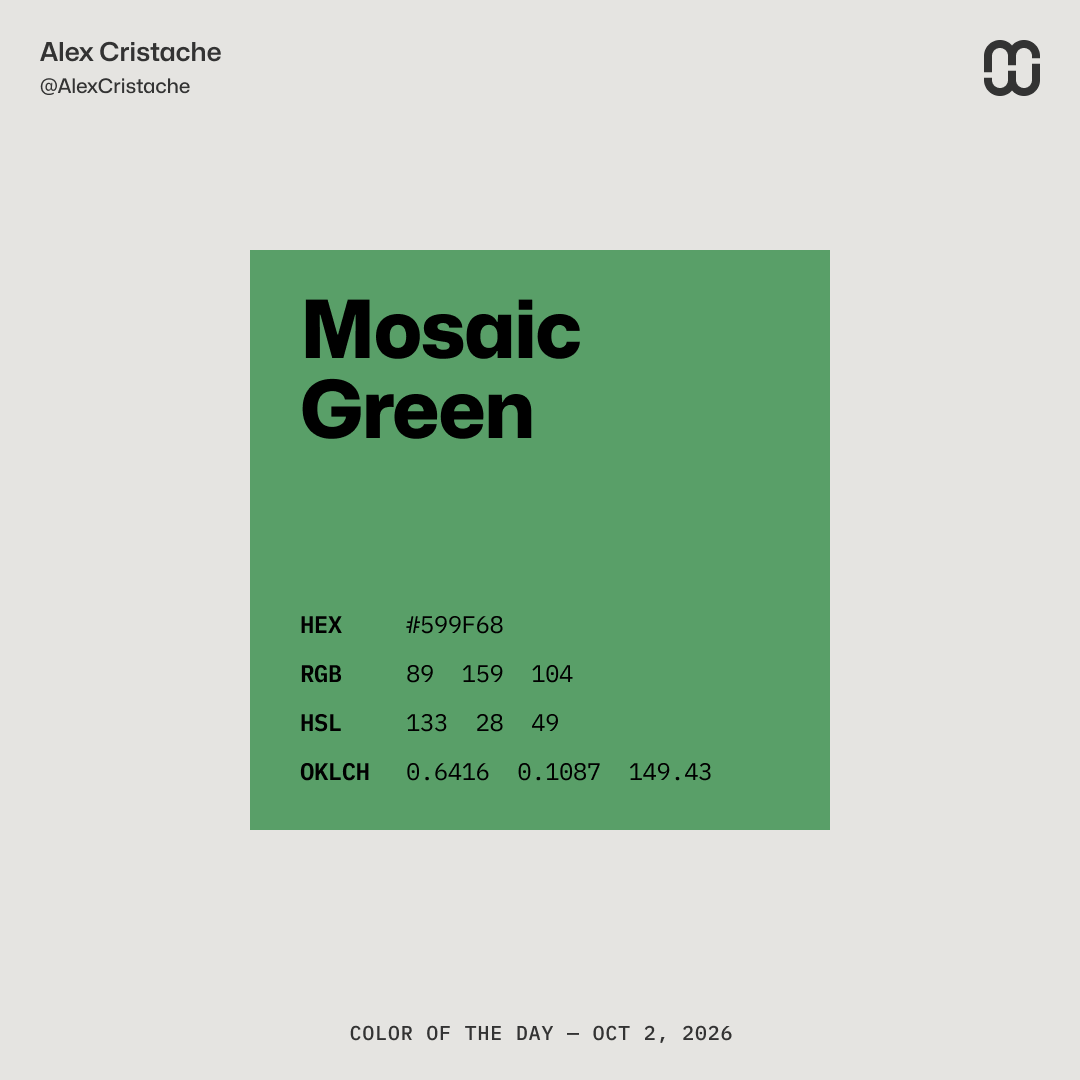AlexCristache's tweet photo. "Mosaic Green" – 5E9E6B – is today's Color of the Day.
Making the world greener, one tile at a time.
#ColorOfTheDay #ColorInspiration https://t.co/6zKFjZX01o