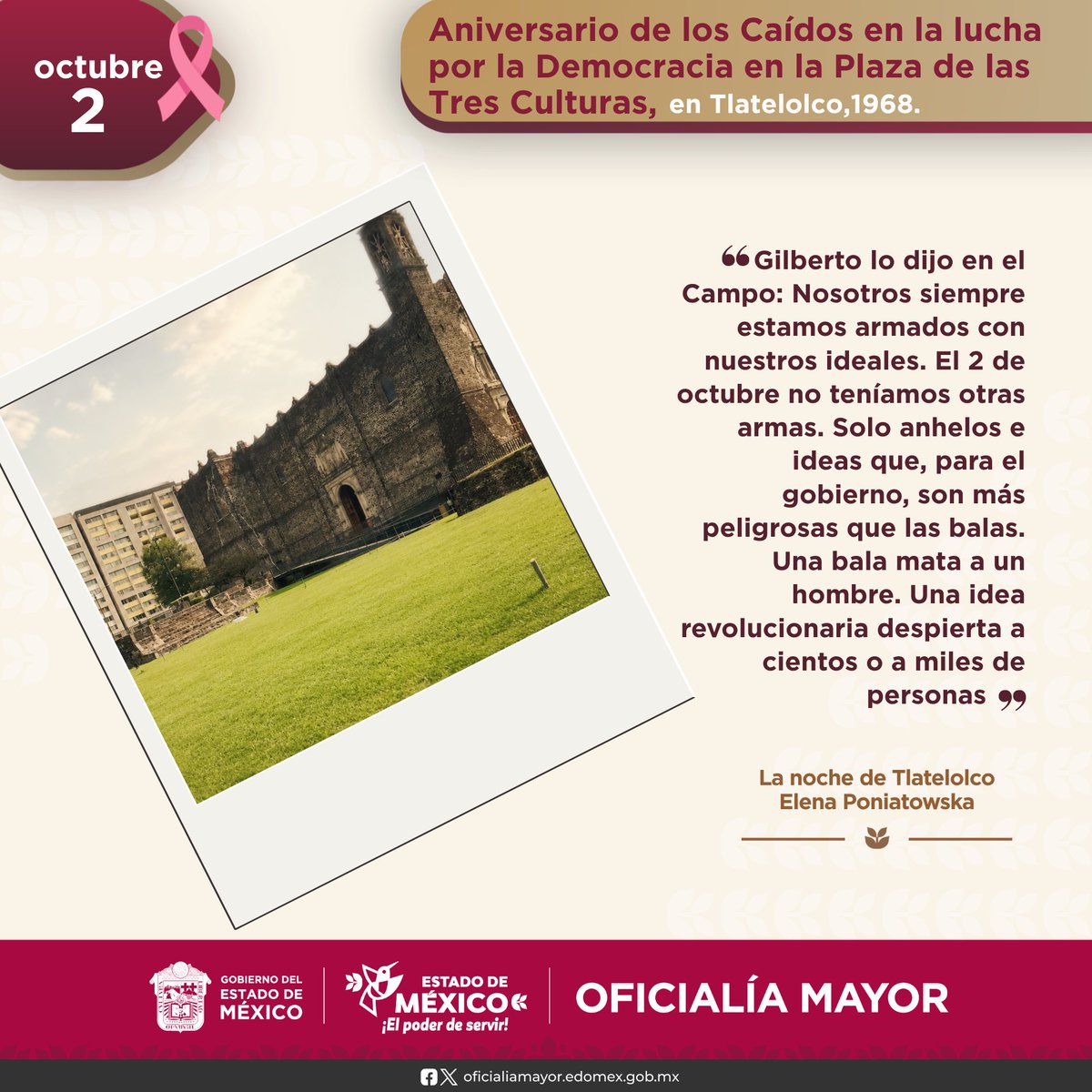 IPSPedomex's tweet photo. A 58 años de los acontecimientos de la Plaza de las Tres Culturas, en el servicio público, hacemos de la memoria una oportunidad para fortalecer una cultura basada en el respeto, la escucha, el diálogo y la no violencia.
#ComunidadIPSP #OficialíaMayorEdoMéx
#AdministrarParaServir https://t.co/dDf1I4echw