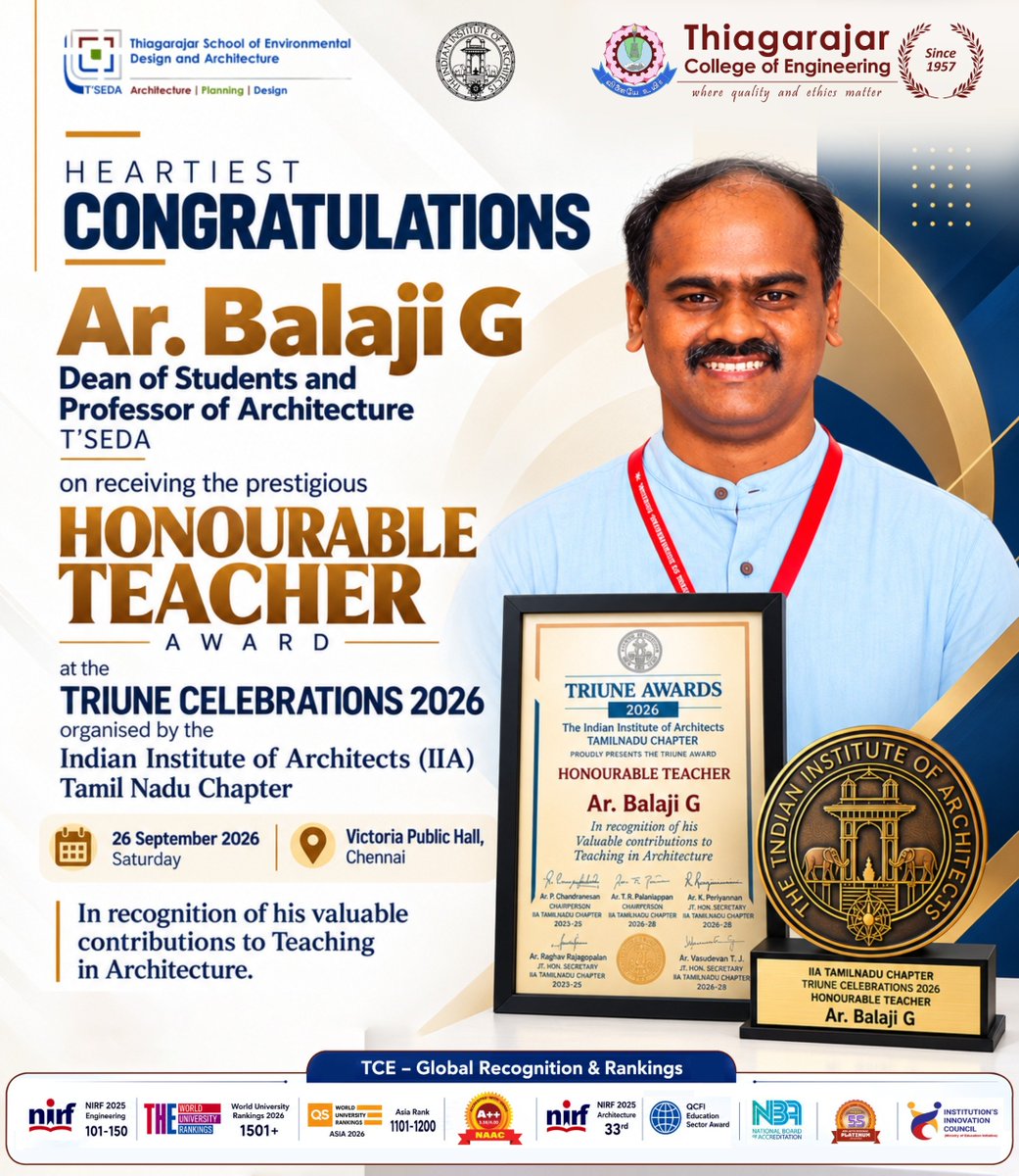tceofficialpage's tweet photo. 🏆 Congratulations to Ar. Balaji G, Dean of Students & Professor, T’SEDA, on receiving the Honourable Teacher Award at IIA Tamil Nadu Chapter’s Triune Celebrations 2026! 🎉🏛️ #TCE #TSEDA #IIATamilNadu #Architecture https://t.co/plpFcriboK