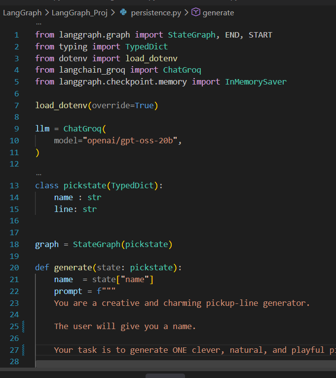1500mcg's tweet photo. And Today...
Learned how to implement Persistence/Memory and Threads in AI Agents and made a simple program to generate compliments based on the name of the person😇.
Storing the state history for a given thread_id. 
#GenAI #AI #Python #Code #AIML #100daysofcode https://t.co/6DWHYOwUNr