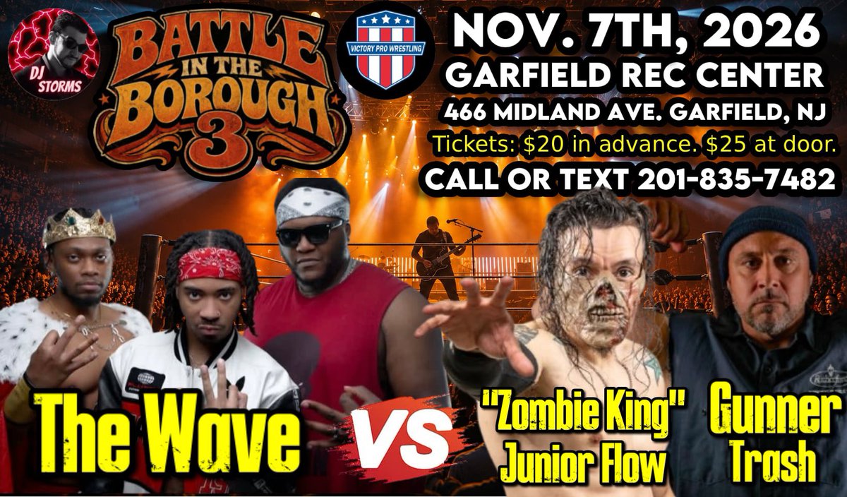 HistoryMakerDJS's tweet photo. The Co-Main Event of BATTLE IN THE BOROUGH 3 won’t be your typical tag team contest! 

@Madjohn132 & KB King are more determined than ever to move up the ranks on the East Coast Wrestling circuit, but in order to do that, they gotta defeat Gunner Trash & @Zombiieking! 

Junior Flow & Gunner Trash are both looking to avenge their previous losses from last year’s shows, but they’ll have to get through the Wave in order to do it! Will we see the redemption of the veterans or the ascension of the future? 

Get your tickets now for #BattleInTheBorough3 on Saturday November 7th, 2026 in Garfield, NJ!!! 6pm Meet & Greet, 7pm Belltime. 

DM me or call 201-835-7482!!! 

(Serious Inquiries Only!) 

#DJStorms #Wrestling #BattleInTheBorough