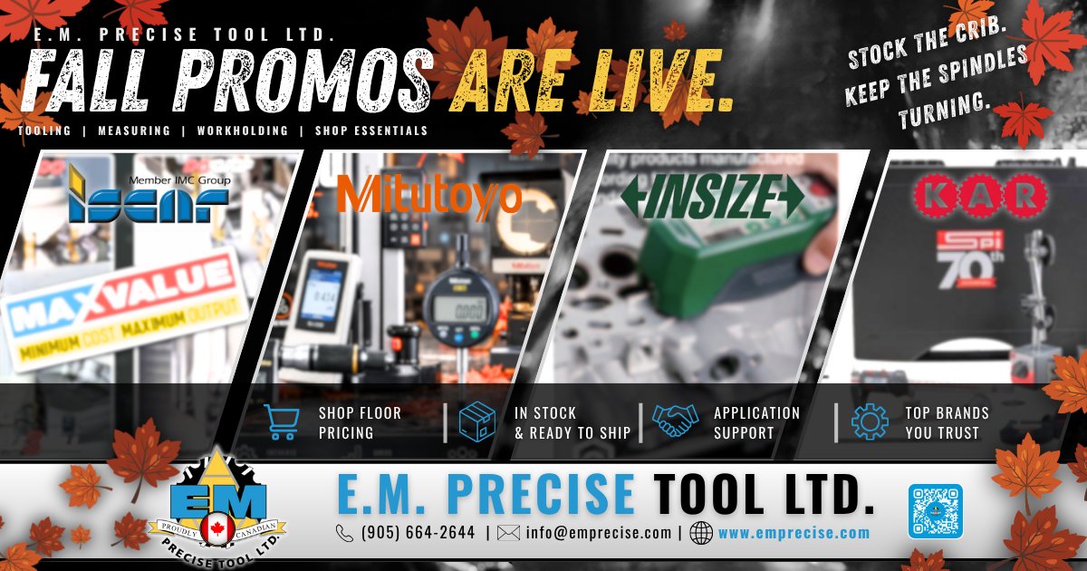 EMPrecise's tweet photo. FALL PROMOS ARE LIVE. 🔥
⚙️ ISCAR cutting tools
📏 MITUTOYO and INSIZE measuring equipment
🔩 KAR workholding + shop essentials
Deals for the shop floor — promos running thru Dec. 31.
STOCK THE CRIB. KEEP THE SPINDLES TURNING.
#Machining #CNC #CuttingTools #EMPreciseTool #EMPT https://t.co/DeWzOAhQTP