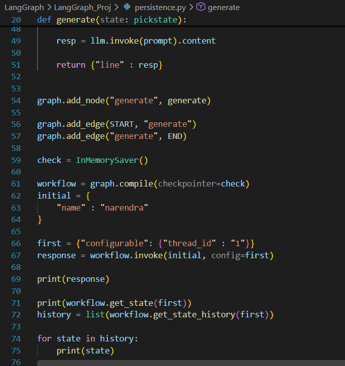 1500mcg's tweet photo. And Today...
Learned how to implement Persistence/Memory and Threads in AI Agents and made a simple program to generate compliments based on the name of the person😇.
Storing the state history for a given thread_id. 
#GenAI #AI #Python #Code #AIML #100daysofcode https://t.co/6DWHYOwUNr