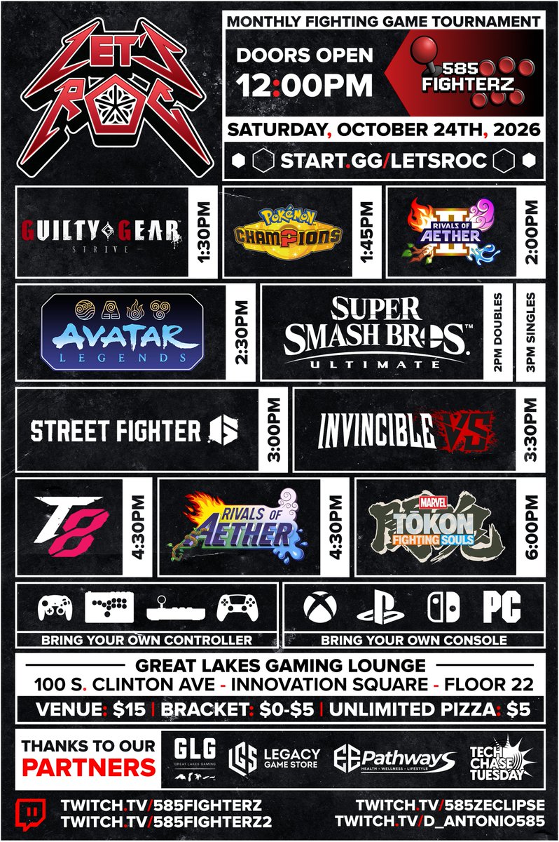 585FighterZ's tweet photo. AND WE ARE BACK! October 24th 585Z will be at HQ @GLGamingLounges bringing the BEST FGC action in all of Rochester! Make sure you check start times because there are a couple changes to the schedule. See yall there! https://t.co/ZJArSJ65IS