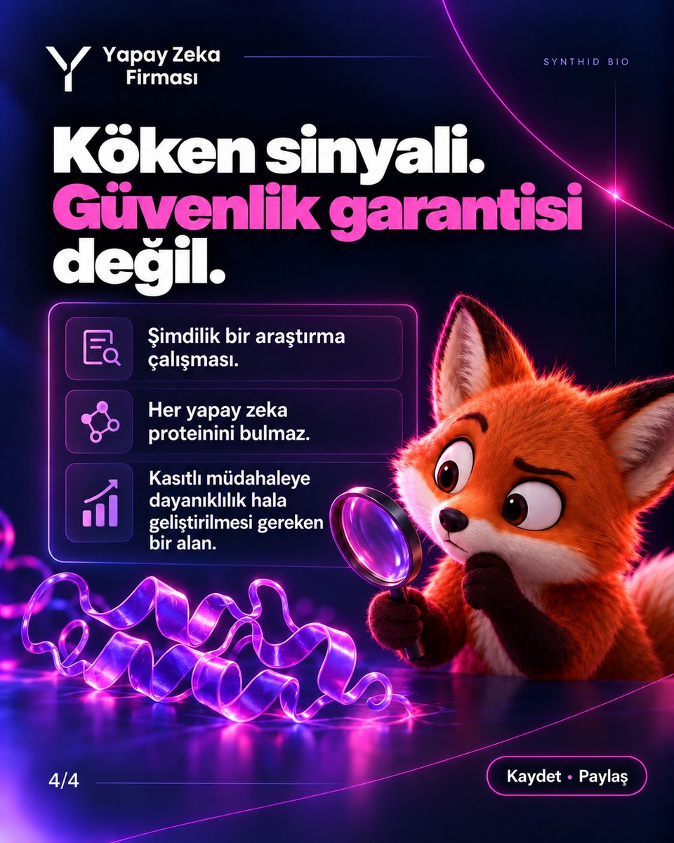 YZFirmasi's tweet photo. Yapay zeka artık sadece proteini analiz etmiyor, tasarımın içine de iz bırakıyor. ����

Google DeepMind’ın SynthID Bio yaklaşımı, AI ile üretilen proteinlere tespit edilebilir bir işaret eklemeyi hedefliyor. İlk sonuçlar, filigranlı proteinlerin performansını koruyabildiğini gösteriyor.

AI üretimi arttıkça, “nereden geldi?” sorusu da daha önemli hale geliyor.

#YapayZeka #GoogleDeepMind #SynthID #Biyoteknoloji #AIGündem
