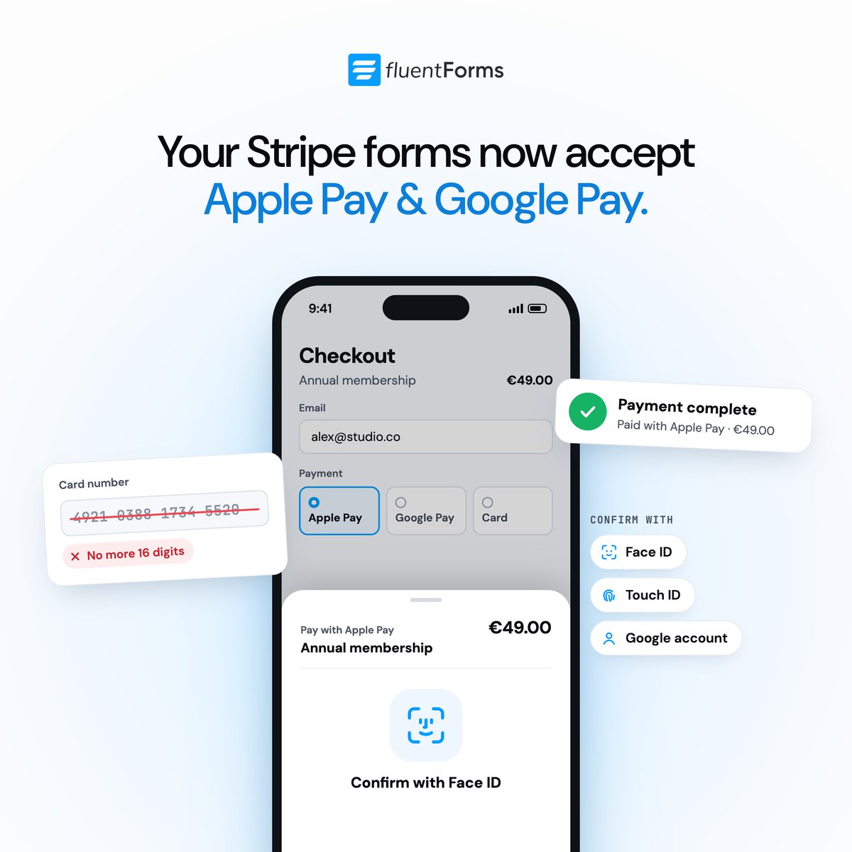 Fluent_Forms's tweet photo. Your Stripe forms in Fluent Forms now accept Apple Pay and Google Pay. Customers tap their wallet, confirm with Face ID, Touch ID, or their Google account, and the payment is done.

See how to set it up 👉 https://t.co/fnr2UsnoGa https://t.co/5Pxehabr3G