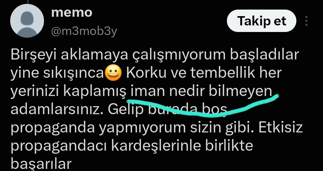 ekaya2829's tweet photo. @m3mob3y @ahmetvehbi İmanıniz sizi  su cümleyi kurmaktan korkutmamis. Ama ben sizi o maskenizin altindaki kisiyi anladim. Siz altı dolu propagandalariniza devam edin. https://t.co/RCd2VL1DkK
