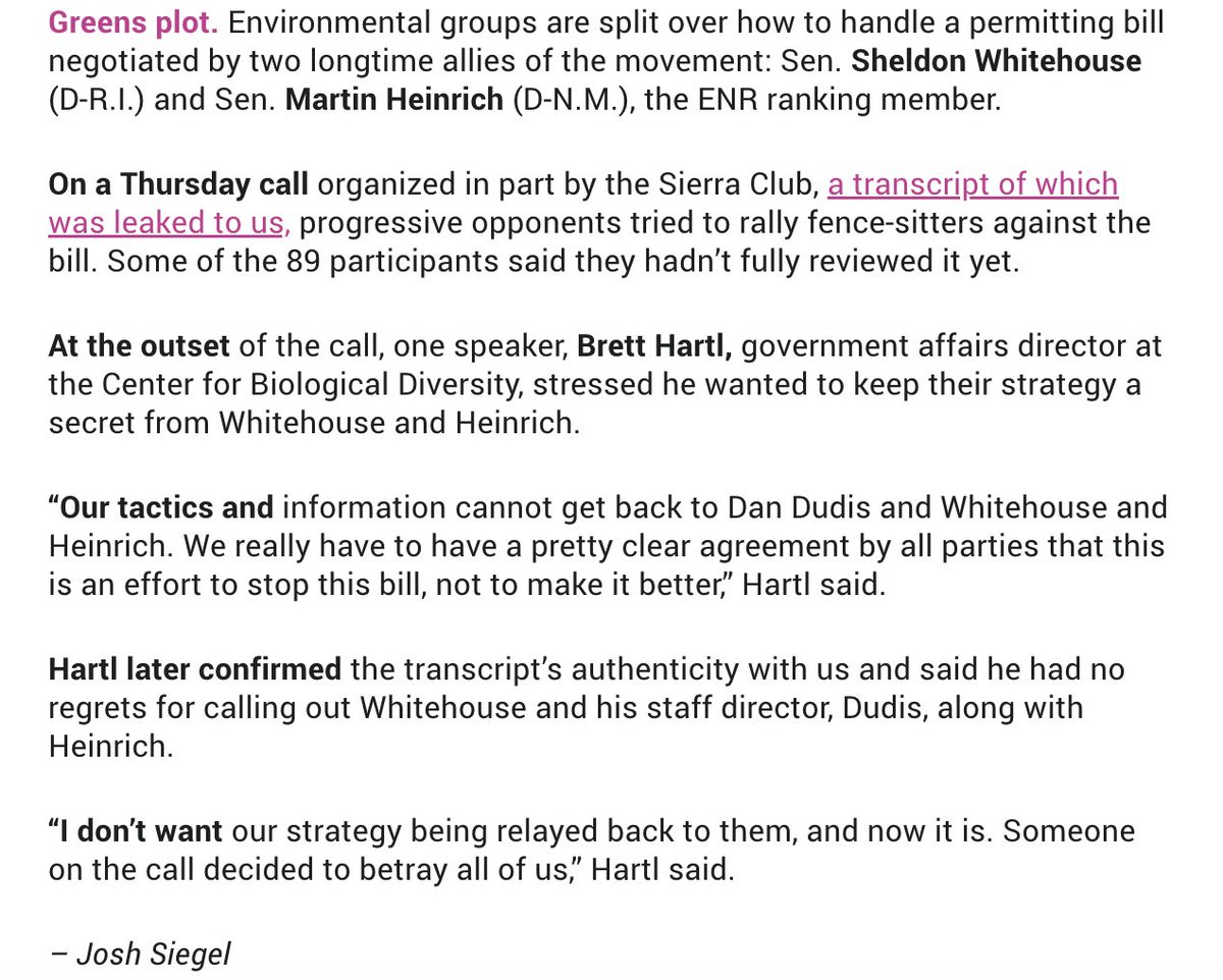 SiegelScribe's tweet photo. Scoop: Enviros held a call Thurs in which progressive opponents tried to rally fence-sitters against the permitting bill. I obtained the transcript. 

"We really have to have a pretty clear agreement by all parties that this is an effort to stop this bill, not to make it better" https://t.co/4LjGNH1vTr