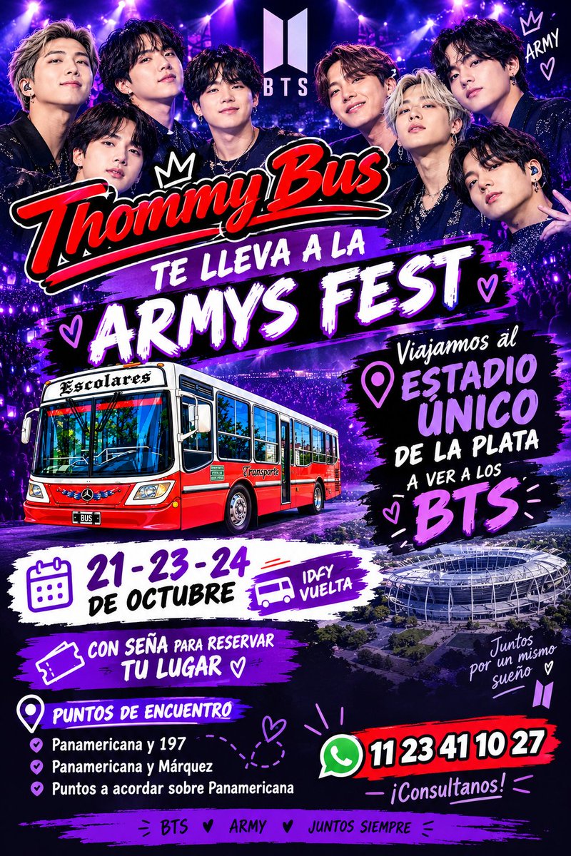 maqyy's tweet photo. Vamos a ver a los bts juntas !!!! 
Todavía no sabes cómo ir?? Sumate a nuestra Armys fest, 
Música, nuevas amistades y la emoción de estar llegando al día más importante 💜💜💜💜💜
Reserva tu lugar 

#BTS_WORLDTOUR_ARİRANG #btsenargentina #btsenlaplata #traslados #bts #armys https://t.co/z271uMwdiq