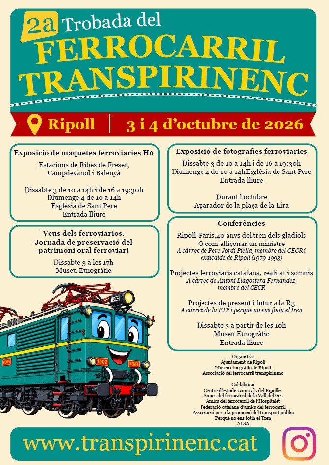 defensemR3's tweet photo. Demà dissabte al matí, juntament amb la PTP (@transportpublic), participem a la 2a Trobada del Ferrocarril Transpirinenc a Ripoll, parlant de les nostres reivindicacions i els projectes de present i de futur a la línia.

📍 A partir de les 10 del matí al @museuripoll. #Ripoll https://t.co/R6Ps90Jit0