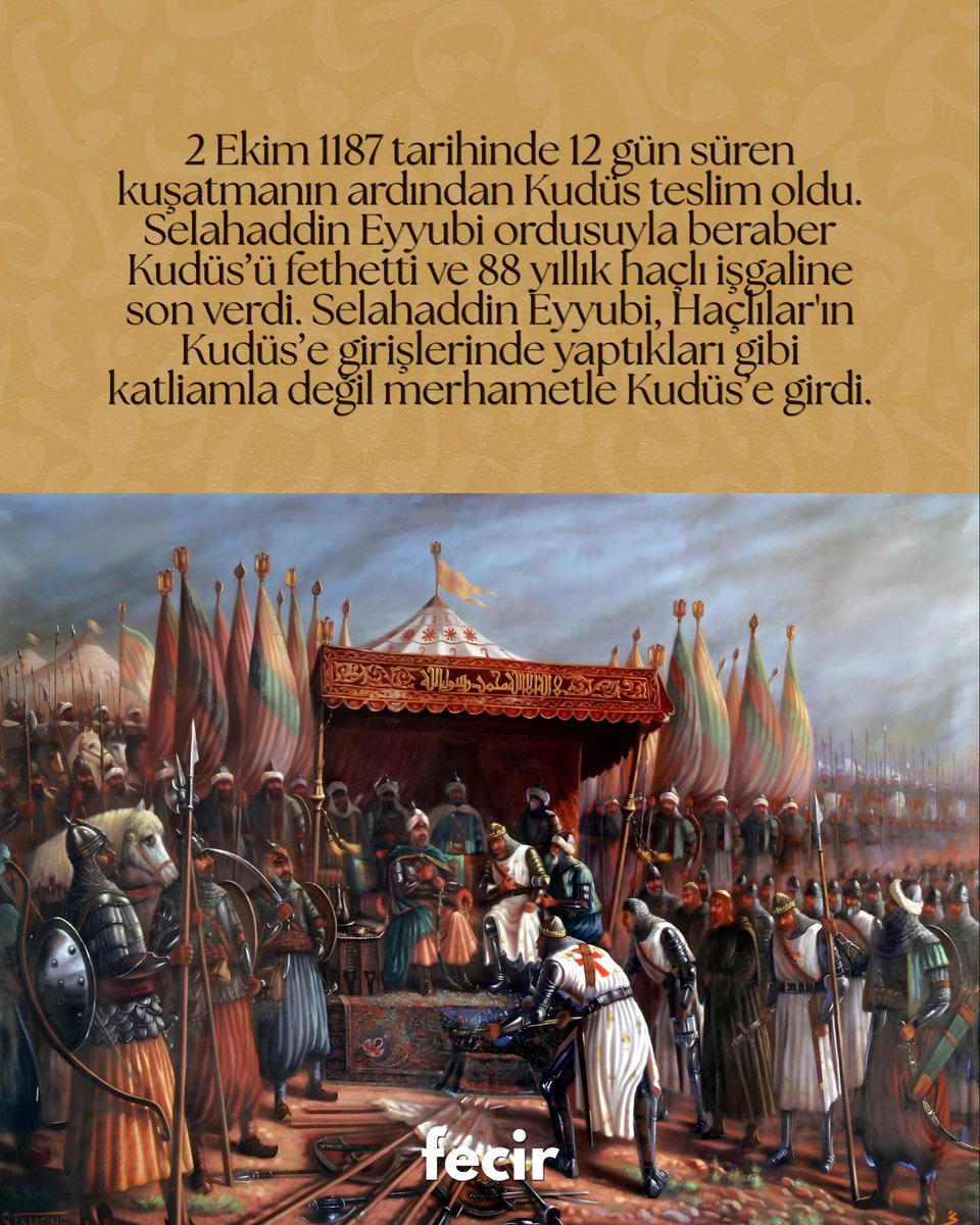 fecirdergi's tweet photo. Kudüs’ün Fethi‘nin 839. yıl dönümünde, Mukaddes Kudüs’ü adalet ve merhametle kucaklayan, 88 yıllık haçlı işgaline son veren, Selahattin Eyyubi ve ordusunu rahmet minnet ve saygıyla anıyoruz.
Ve inanıyoruz ki Kudüs tekrardan feth olunacaktır..
#fecir #kudüs https://t.co/K22caDnenY