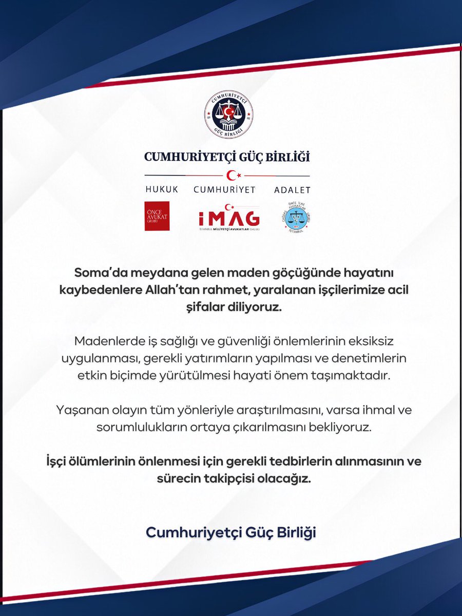 cumhuriyetciav's tweet photo. Soma’da kaybettiğimiz madencilerimize Allah’tan rahmet, ailelerine başsağlığı diliyoruz.

Madencinin kaderi ölüm, iş güvenliği, denetim formalite değildir. İhmaller cezasız kalmamalı, sorumlular hesap vermelidir. Bir işçimizi daha ihmale kurban vermemek için sürecin takipçisiyiz. https://t.co/iFABO6opfa