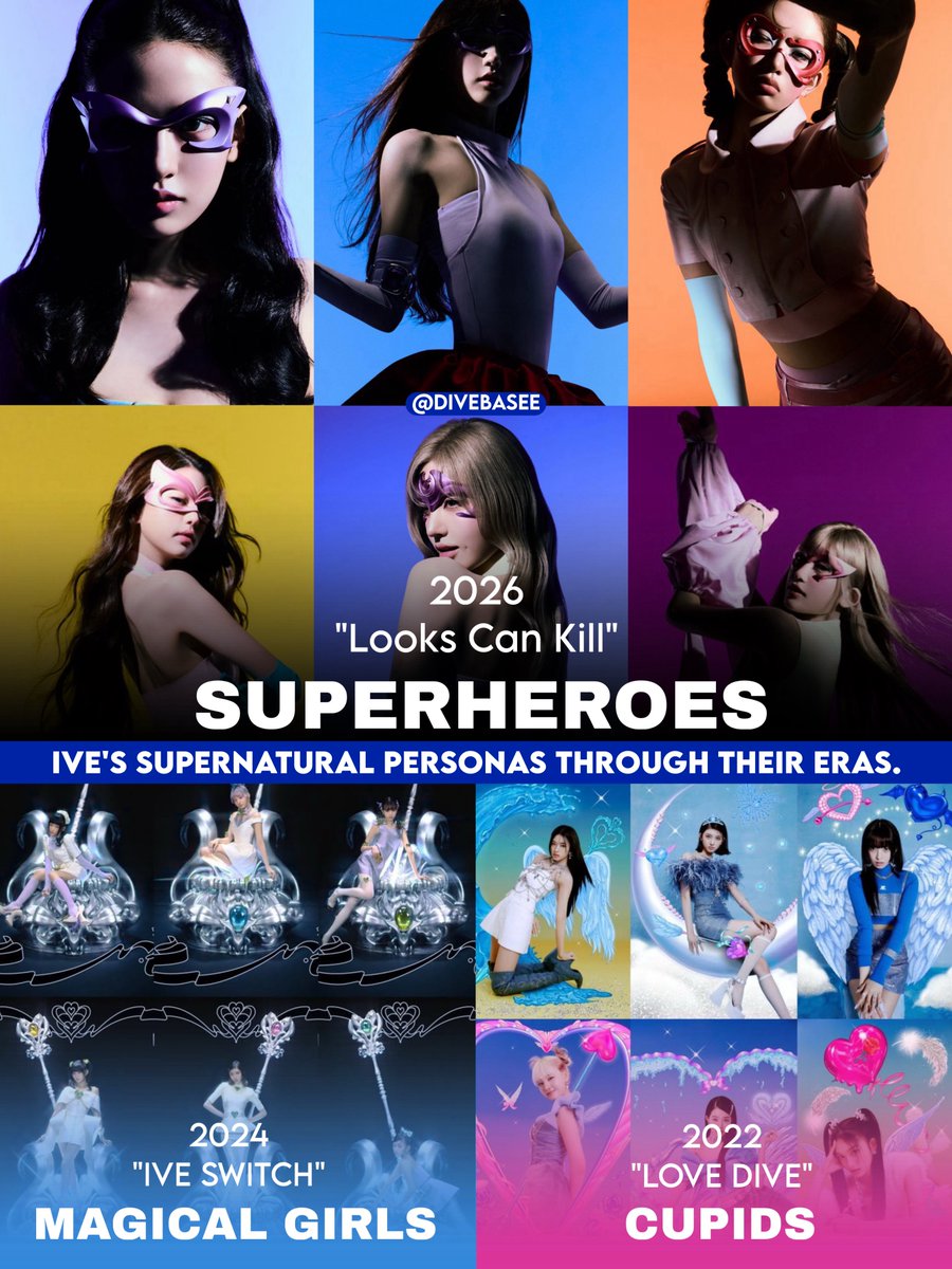 DiveBasee's tweet photo. IVE's supernatural personas through their eras. Tune in to 'Looks can Kill' for Superhero IVE. https://t.co/kfjugzPv7J