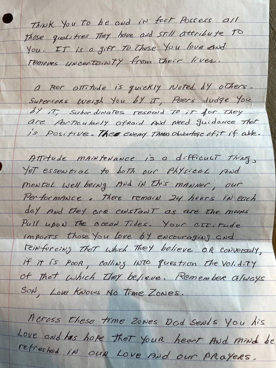 RealSKeshel's tweet photo. “A poor attitude is quickly noted by others…the enemy takes advantage of it if able.”

This letter my Dad wrote me when I was away in Afghanistan may change the way you go about life. It did for me. He learned these lessons in Vietnam and passed them on.

 Very easy to get sidetracked into the toxicity of the world today, especially online.