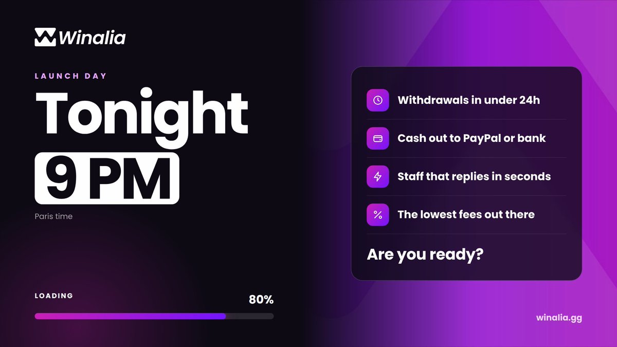 Winaliagg's tweet photo. ▰▰▰▰▰▰▰▰▱▱  80%

Tonight at 9 PM, Winalia drops.

• Withdrawals in under 24 hours • Straight to your PayPal or bank account • A staff team that responds in seconds • The lowest fees out there

Are you ready? 🔥

https://t.co/FubIByXUWL https://t.co/GrvYhhxpAM