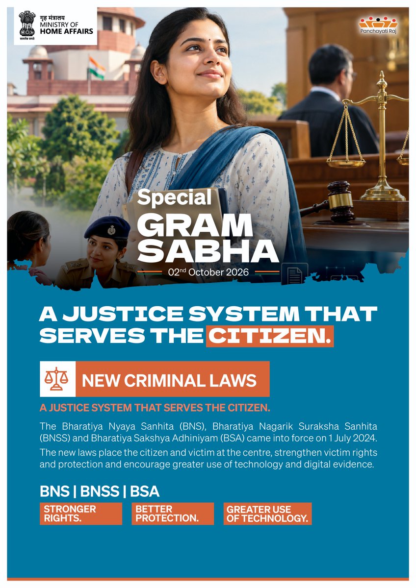 cprdassam's tweet photo. Did you know? Enforced on 1 July 2024, the Bharatiya Nyaya Sanhita, BNSS, and BSA replace legacy frameworks to build a tech-enabled, citizen-centric legal system across the country. #SpecialGramSabha https://t.co/yWKFY0Z3Lt