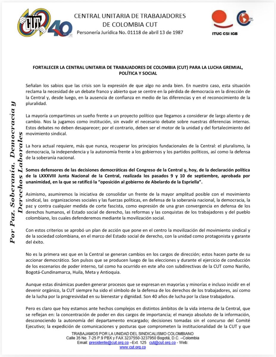 BetoC_Castro's tweet photo. @EspinosaRadio @fabioariascut @cutcolombia @ABDELAESPRIELLA “La hora actual requiere, más que nunca, recuperar los principios fundacionales de la Central: el pluralismo, la
democracia, la independencia y la autonomía frente a los gobiernos y los partidos políticos, así como la defensa
de la soberanía nacional.” https://t.co/buVexeJmjA