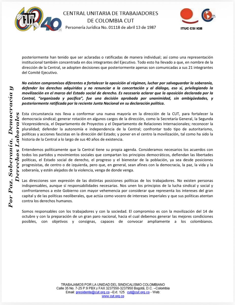 BetoC_Castro's tweet photo. @EspinosaRadio @fabioariascut @cutcolombia @ABDELAESPRIELLA “La hora actual requiere, más que nunca, recuperar los principios fundacionales de la Central: el pluralismo, la
democracia, la independencia y la autonomía frente a los gobiernos y los partidos políticos, así como la defensa
de la soberanía nacional.” https://t.co/buVexeJmjA