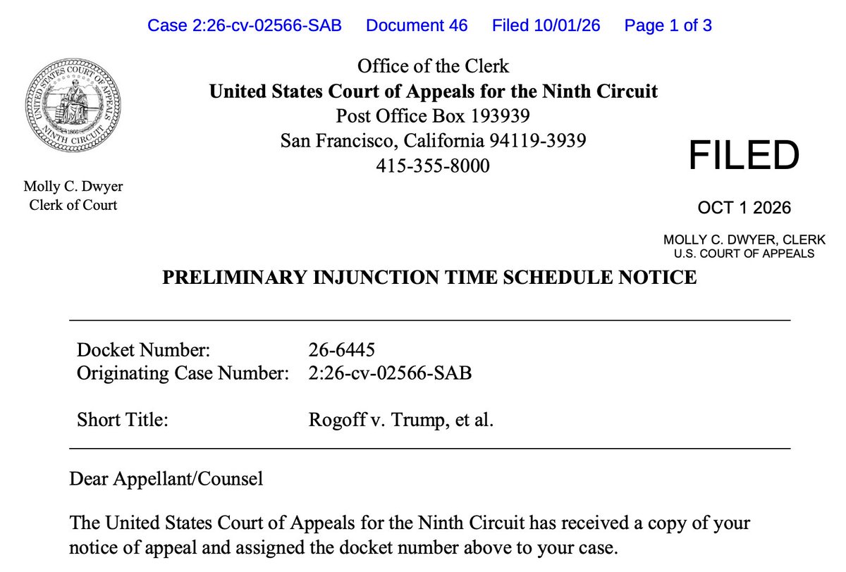 rparloff's tweet photo. About 45 min after Judge Bastian ordered reinstatement of Roger Rogoff as US Atty for WD Wash, Trump appealed. (Rogoff was appted in July to a persistent vacancy, but Trump fired him < an hour later. Bastian says Rogoff must stay till there's a Senate-confirmed successor.) https://t.co/54fEOEeIEH
