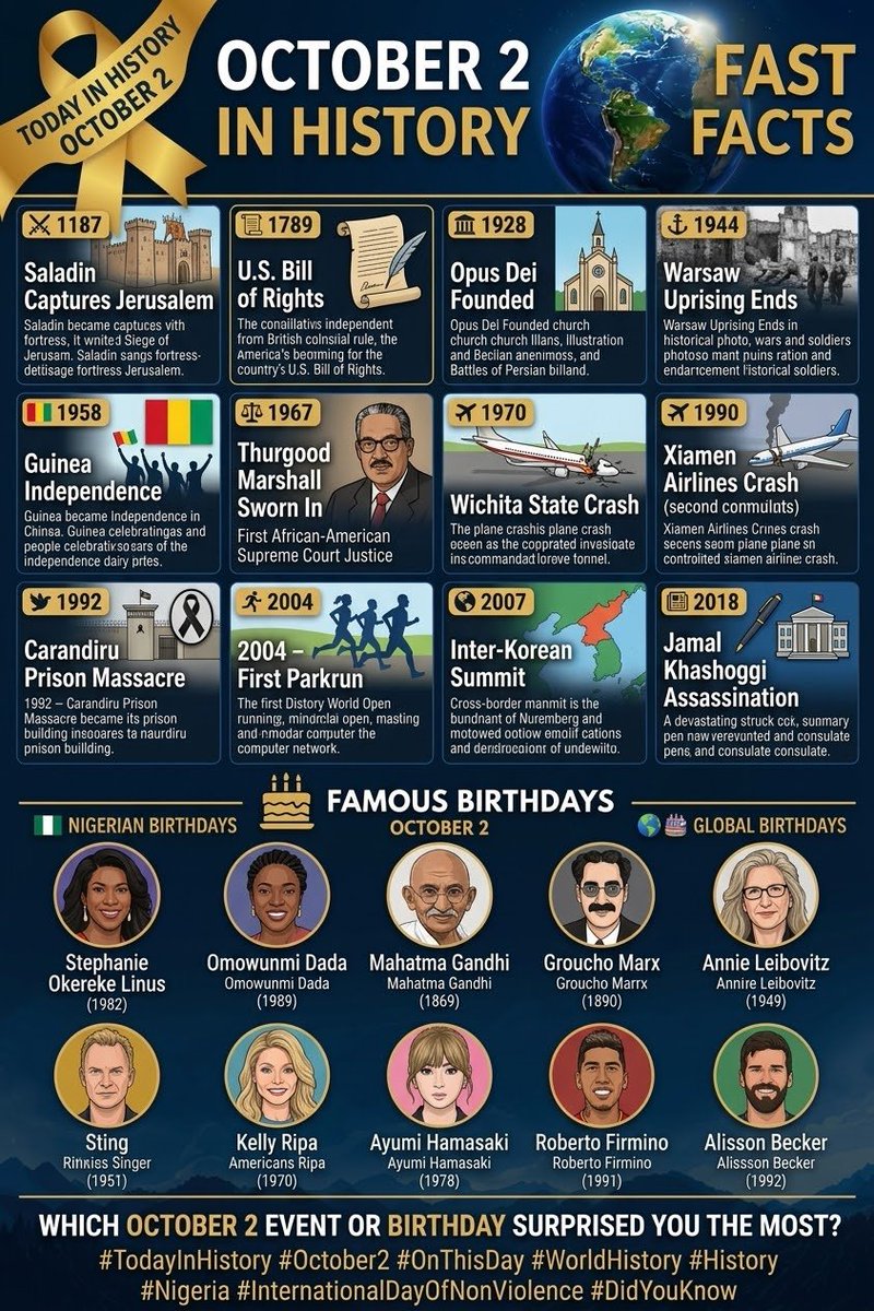 Folabomi00's tweet photo. 📃TODAY IN HISTORY - OCTOBER 2🌍

Every date carries stories that shaped nations, cultures, science and humanity. https://t.co/sjo6IVSnkd