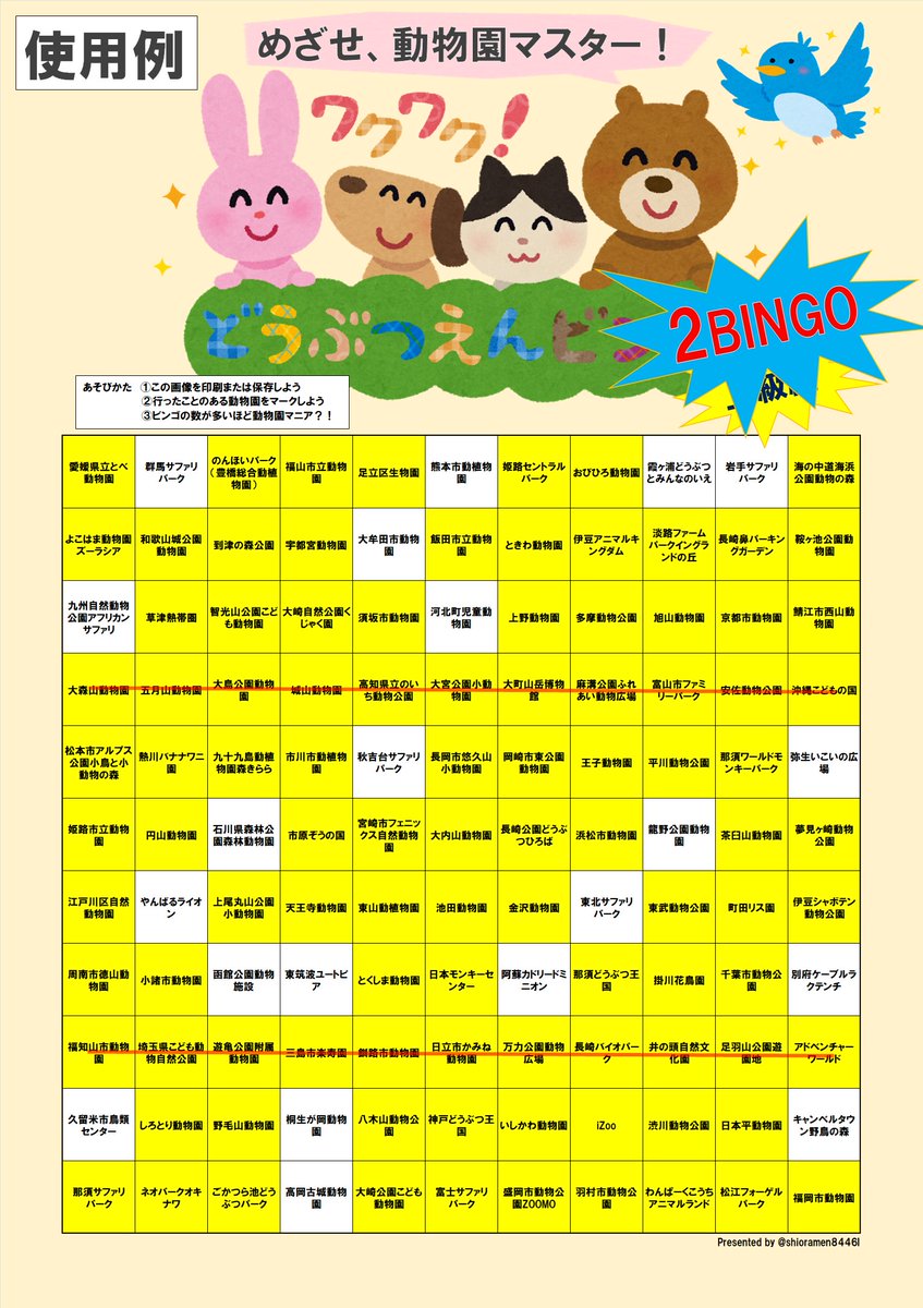 shioramen8446I's tweet photo. 全国動物園ビンゴ【上級編】が完成しました！JAZA加盟園全91園＋非加盟園30園の計121園と大ボリュームで作成！是非画像を印刷or保存してチャレンジしてみて下さいね！
※2枚目は使用例。
※画像は個人、非商用に限り自由にご利用ください。
※引用やリプで結果報告していただけると嬉しいです。 https://t.co/yjUHYEI4L4