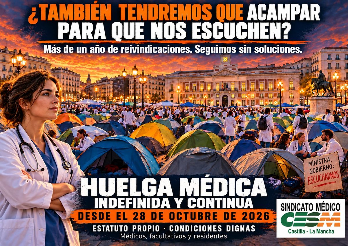 cesmclm's tweet photo. 🩺 Desde el 28 de octubre,iniciamos una #huelga nacional de #Médicos y #Facultativos  indefinida y continua
📢 No queremos parar: queremos que nos escuchen
📜 Reclamamos un #EstatutoPropio
🤝 Condiciones laborales dignas
🏥 Una #SanidadPública de calidad
#ESPAÑA #CLM #SESCAM https://t.co/1gnXjyHU0I