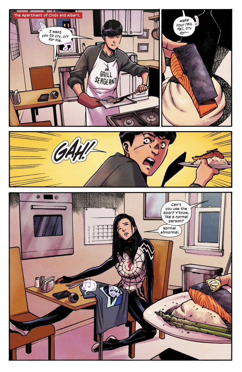 oncetwicebra's tweet photo. 🚨 VOCÊ SABIA? O TWICE existe oficialmente no universo da Marvel! 🕷

Na HQ da Silk (Teia de Seda), vemos o irmão da heroína, Albert, cozinhando e cantando "Cry For Me"! As meninas são hit até no universo dos super-heróis. 🙂‍↕️

#TWICE #트와이스 @JYPETWICE https://t.co/WnFFUV0trY