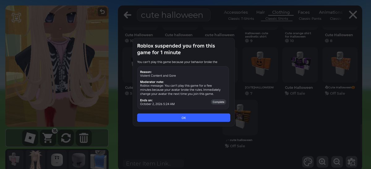 chuiciba's tweet photo. #roblox 

I was just trying on random halloween stuff, didn't even notice these pants, then switched tabs. I come back and I see this? Just remove it off the avatar dude, what if I'm lagging when I come back and can't take it off. I don't even know how fast this happened https://t.co/BZPV5bvU3K